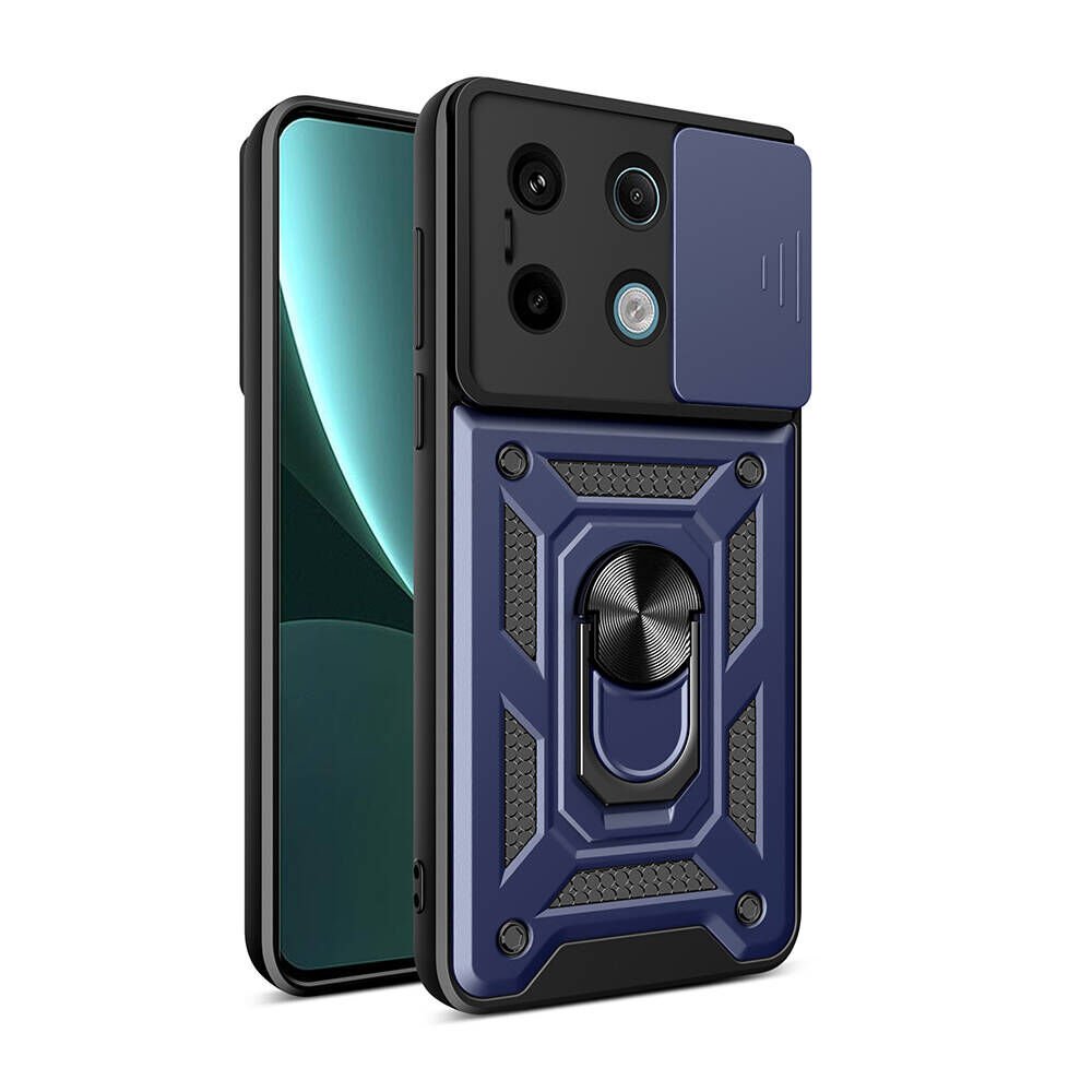 Xiaomi Redmi Note 13 Pro 5G Kılıf Sürgülü Tank Zırh Yüzüklü Mıknatıslı Standlı Kapak (S-VEGA) Mavi