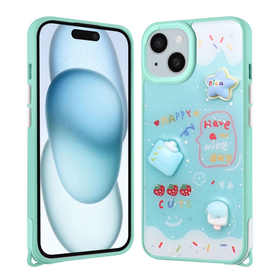 Apple iPhone 15 Plus Kılıf Parlayan Simli Kabartma Figürlü HEPTEKİLETİŞİM Cevze Kapak