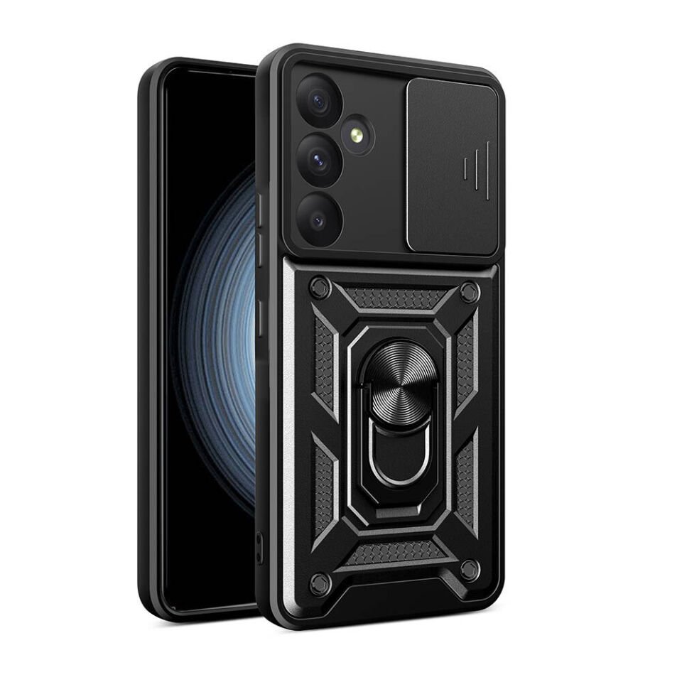 Samsung Galaxy A55 Kılıf Sürgülü Tank Zırh Yüzüklü Mıknatıslı Standlı Kapak (S-VEGA) Siyah
