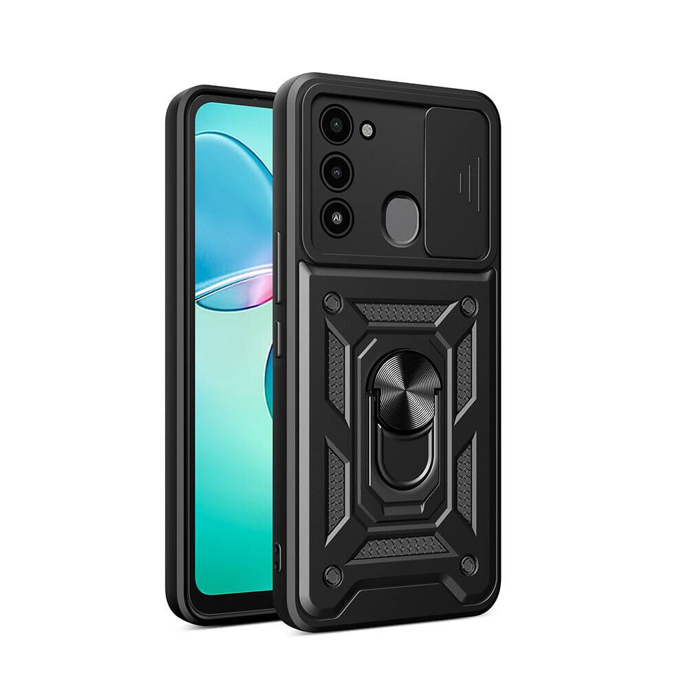 Tecno Spark 8C Kılıf Sürgülü Tank Zırh Yüzüklü Mıknatıslı Standlı Kapak (S-VEGA) Siyah