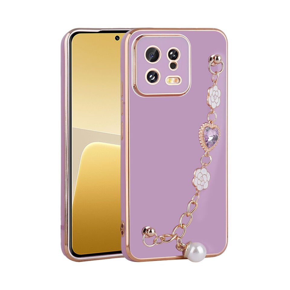 Xiaomi Mi 13 Kılıf Çiçek Desenli Askılı Tutamaçlı Kamera Korumalı Kapak (TAKA) Mor