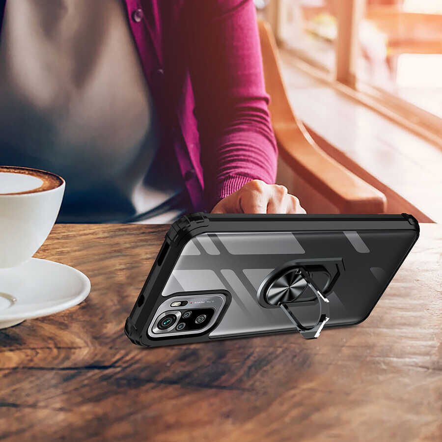 Xiaomi Poco M5S Kılıf Arkası Şeffaf Kenarları Renkli Yüzüklü Tank Kapak (MOLA) Siyah