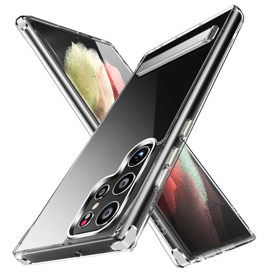 Samsung Galaxy S22 Ultra Kılıf Standlı Şeffaf Kamera Korumalı Hassas Buton Kapak (L-Stand) Renksiz