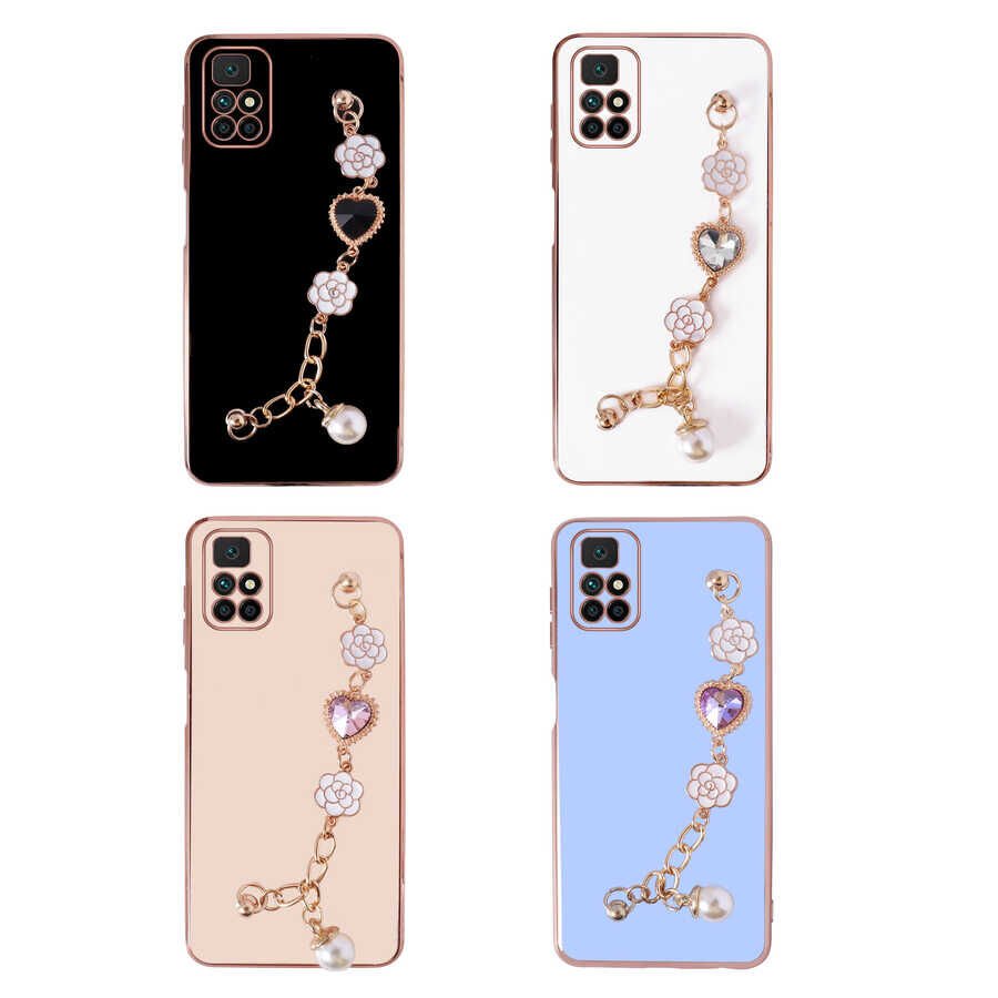 Xiaomi Redmi 10 Kılıf Çiçek Desenli Askılı Tutamaçlı Kamera Korumalı Kapak (TAKA) Siyah