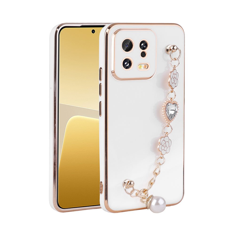 Xiaomi Mi 13 Kılıf Çiçek Desenli Askılı Tutamaçlı Kamera Korumalı Kapak (TAKA) Beyaz