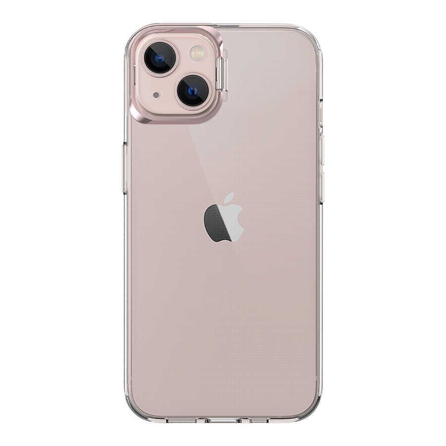 Apple  iPhone 13 Kılıf Standlı Köşe ve Kamera Korumalı Sert Sararmaz Şeffaf Kapak (Skuba) Rose Gold