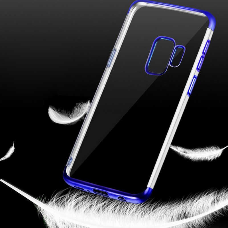 Samsung Galaxy A6 2018 Kılıf Dört Köşe Renkli Lazer Şeffaf Silikon Kapak (GLİTTER) Mavi