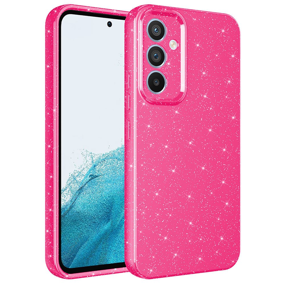 Samsung Galaxy A14 Kılıf Kamera Korumalı Simli Renkli Parlak Silikon Kapak (Koton) Pembe Koyu