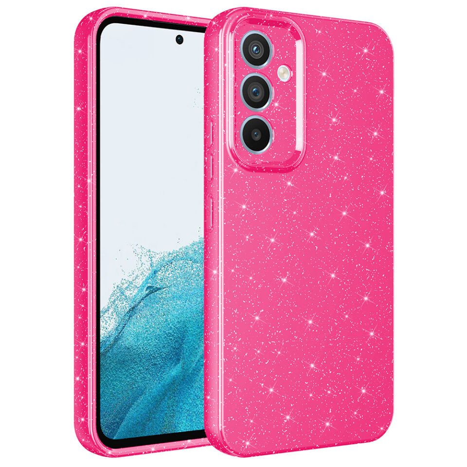 Samsung Galaxy A14 Kılıf Kamera Korumalı Simli Renkli Parlak Silikon Kapak (Koton) Pembe Koyu