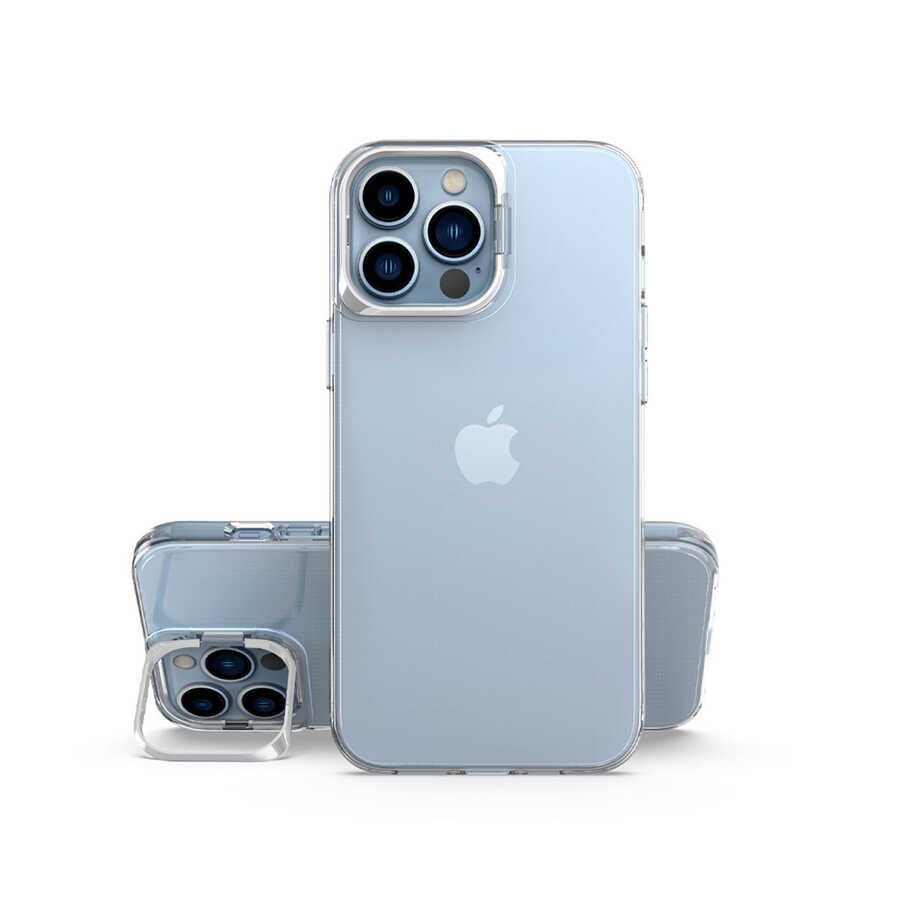 Apple  iPhone 13 Pro Kılıf Standlı Köşe ve Kamera Korumalı Sert Sararmaz Şeffaf Kapak (Skuba) Gümüş
