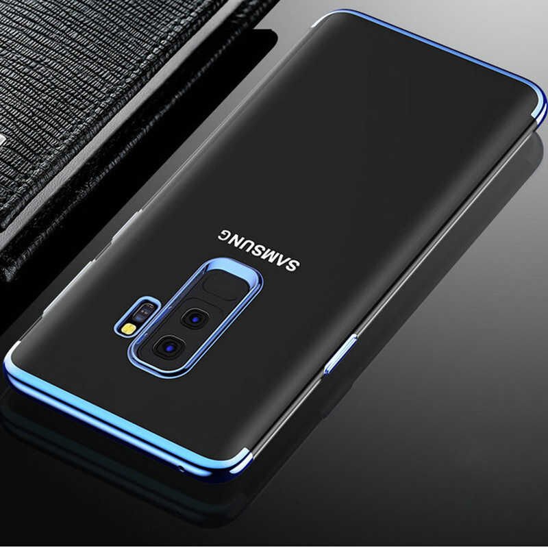 Samsung Galaxy A6 Plus 2018 Kılıf Dört Köşe Renkli Lazer Şeffaf Silikon Kapak (GLİTTER) Mavi