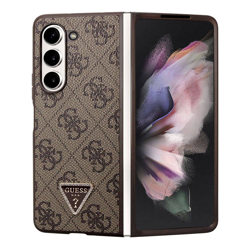 Samsung Galaxy Z Fold 5 Kılıf Guess Orjinal Lisanslı PU Deri Taşlı Üçgen Logo 4G Desenli Strass Kapak
