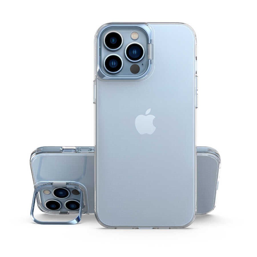 Apple  iPhone 13 Pro Max Kılıf Standlı Köşe ve Kamera Korumalı Sert Sararmaz Şeffaf Kapak (Skuba) Mavi