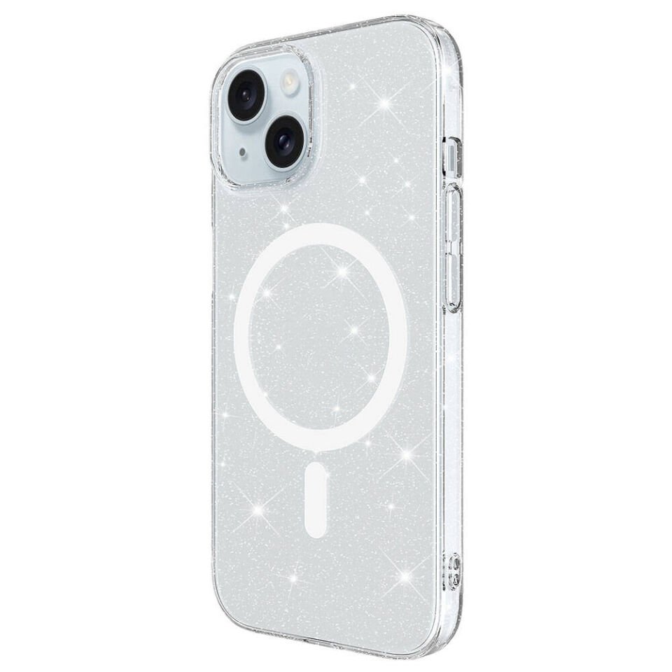 iPhone 14 Plus Kılıf Magsafe Şarj Özellikli Simli Şeffaf Arka Yüzey Silikon Kapak (Erdos) Renksiz