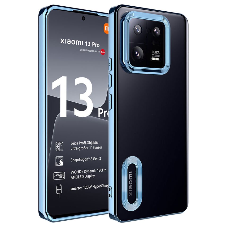 Xiaomi Mi 13 Pro Kılıf Kamera Lens Korumalı Logo Gösteren Parlak Kenarlı Kapak (OMEGA) Mavi