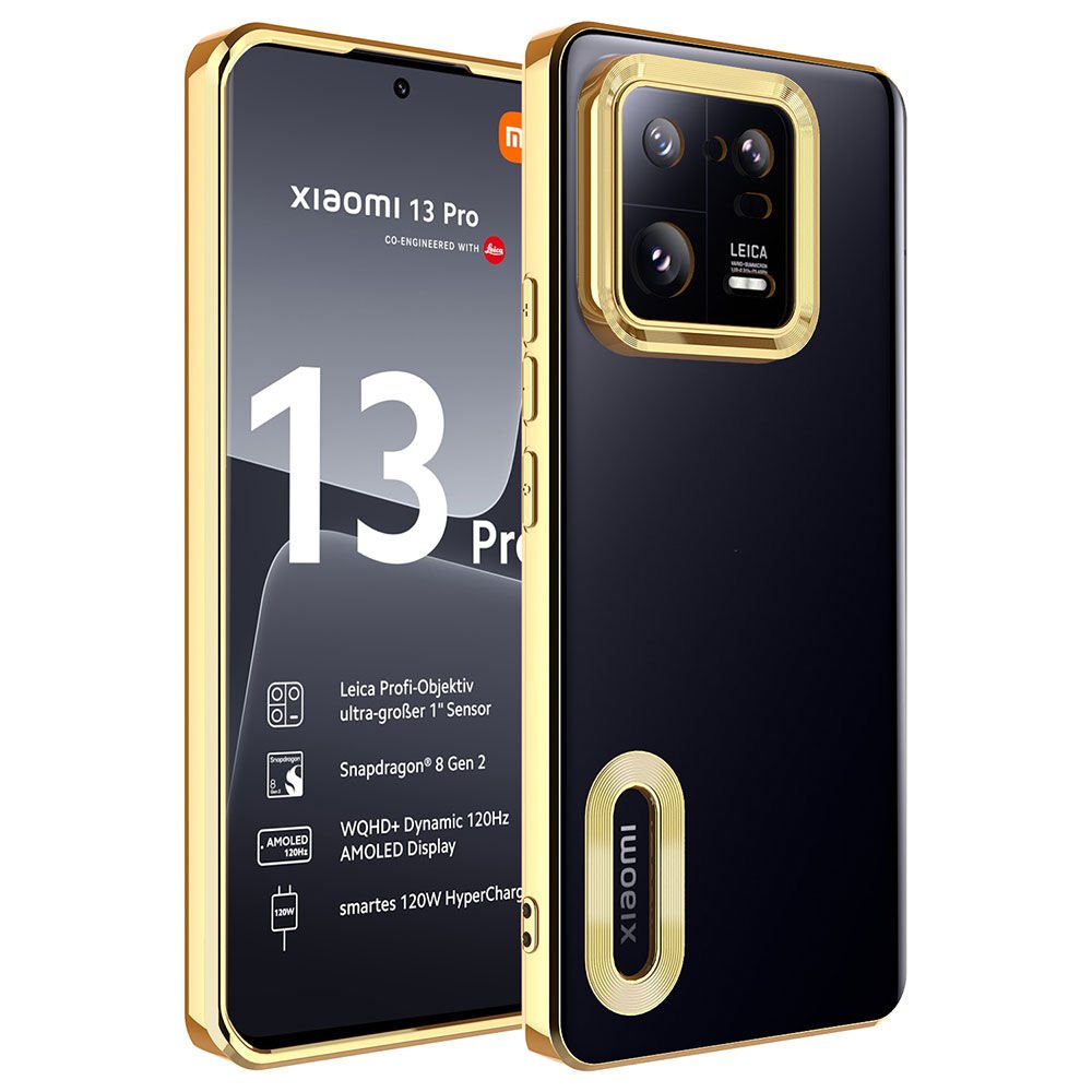 Xiaomi Mi 13 Pro Kılıf Kamera Lens Korumalı Logo Gösteren Parlak Kenarlı Kapak (OMEGA) Gold