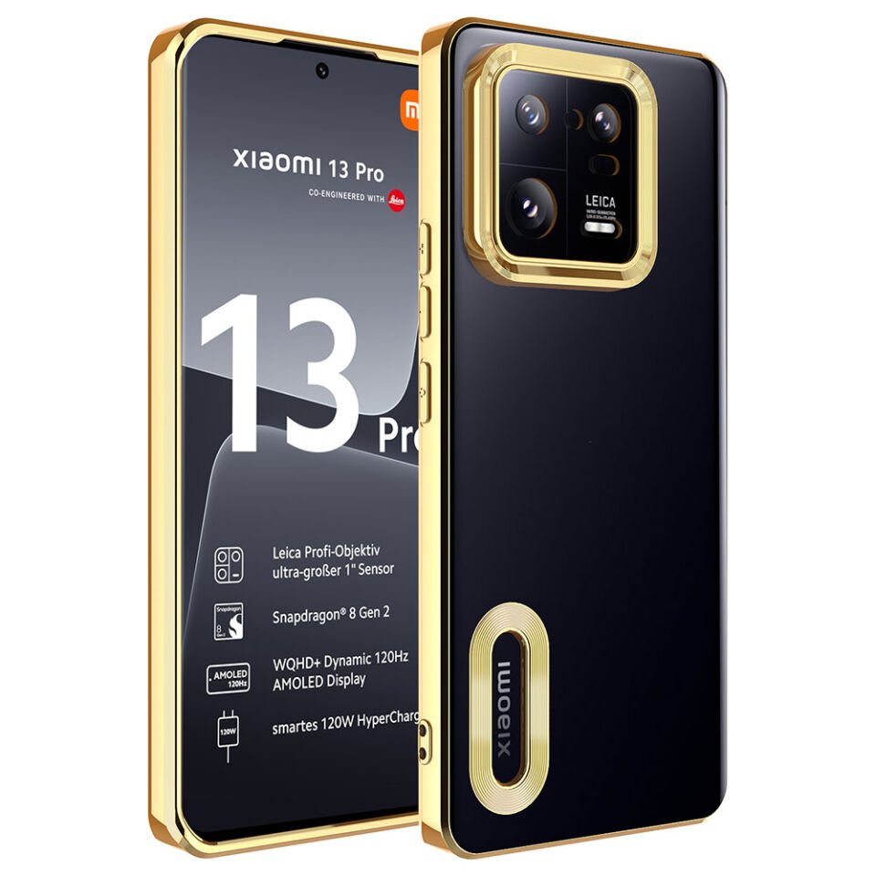 Xiaomi Mi 13 Pro Kılıf Kamera Lens Korumalı Logo Gösteren Parlak Kenarlı Kapak (OMEGA) Gold
