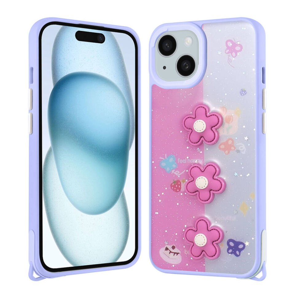 Apple iPhone 13 Kılıf Parlayan Sıvılı Simli Kabartma Figürlü Kapak (Cevze) Mor Papatya