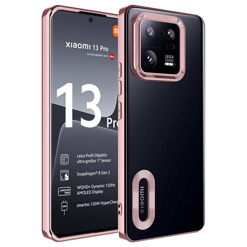 Xiaomi Mi 13 Pro Kılıf Kamera Lens Korumalı Logo Gösteren Parlak Kenarlı Kapak (OMEGA) Rose Gold