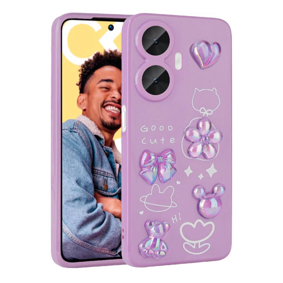Realme C55 Kılıf Kamera Korumalı Kabartma Figürlü Parlak Silikon Kapak (Toys) Mor