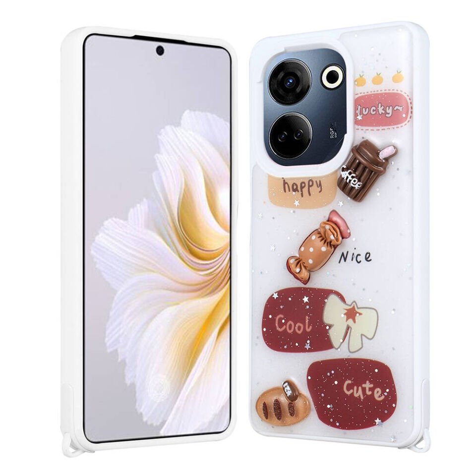 Tecno Camon 20 Pro 4G Kılıf Parlayan Sıvılı Simli Kabartma Figürlü Kapak (Cevze) Beyaz
