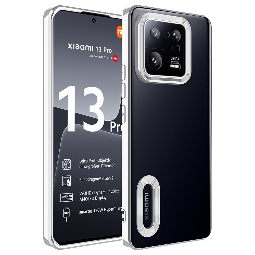 Xiaomi Mi 13 Pro Kılıf Kamera Lens Korumalı Logo Gösteren Parlak Kenarlı Kapak (OMEGA) Gümüş