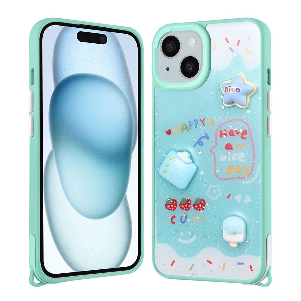 Apple iPhone 13 Kılıf Parlayan Sıvılı Simli Kabartma Figürlü Kapak (Cevze) Yeşil