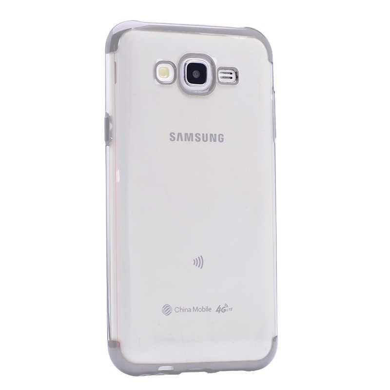 Samsung Galaxy J7 Core Kılıf Dört Köşe Renkli Lazer Şeffaf Silikon Kapak (GLİTTER) Gri