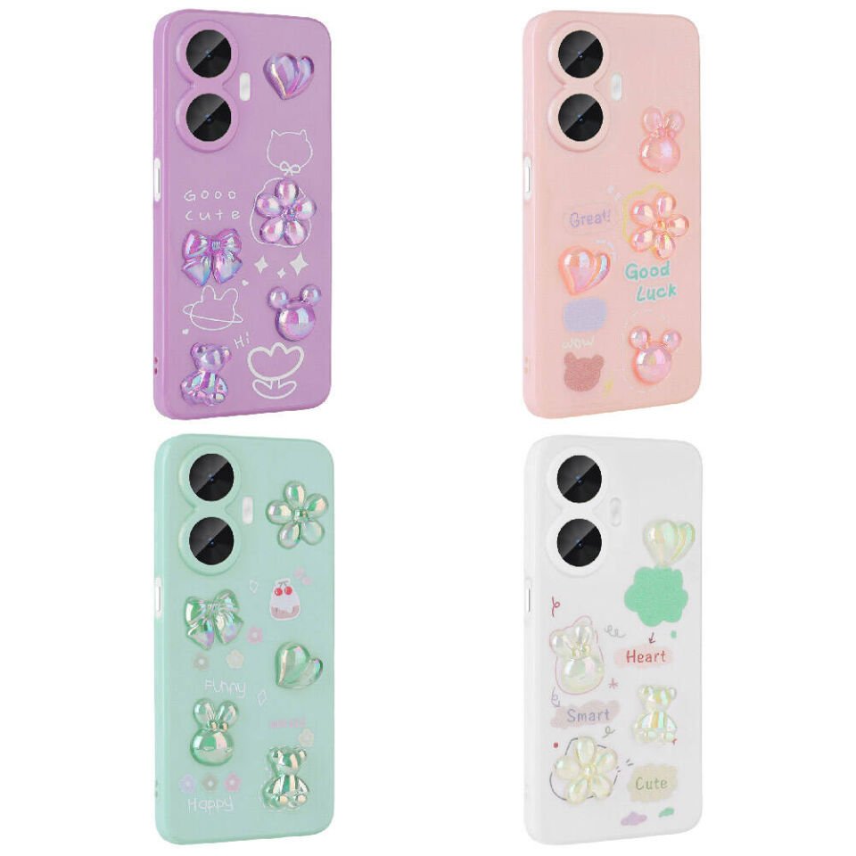 Realme C55 Kılıf Kamera Korumalı Kabartma Figürlü Parlak Silikon Kapak (Toys) Pembe