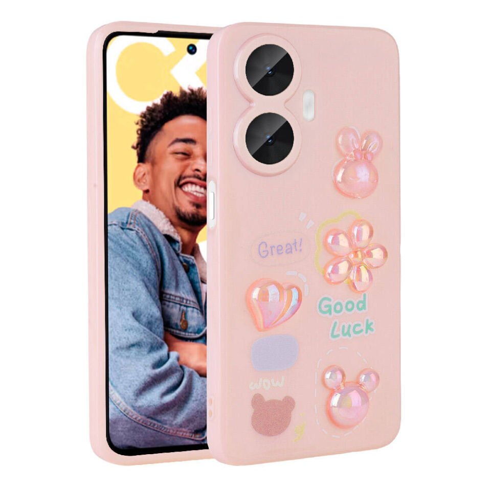 Realme C55 Kılıf Kamera Korumalı Kabartma Figürlü Parlak Silikon Kapak (Toys) Pembe