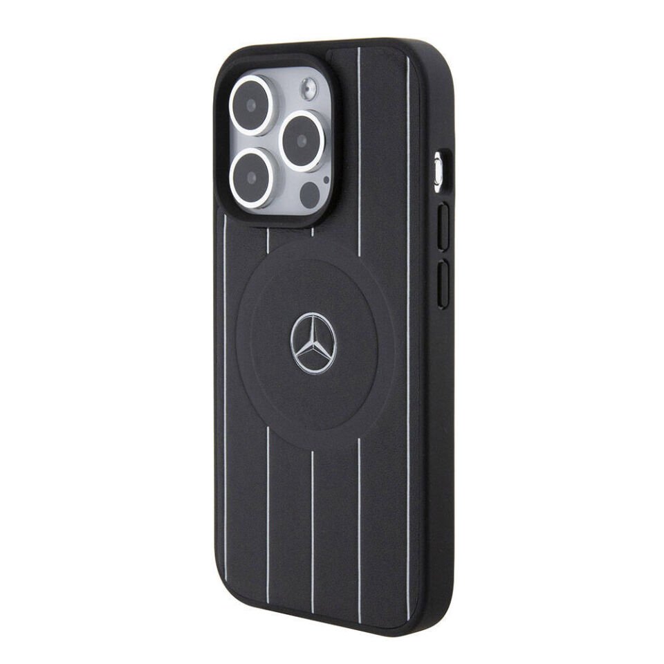 Apple iPhone 15 Pro Kılıf Mercedes Benz Orjinal Lisanslı Magsafe Şarj Özellikli Baskı Logolu Paralel Çizgi Desenli Deri Kapak