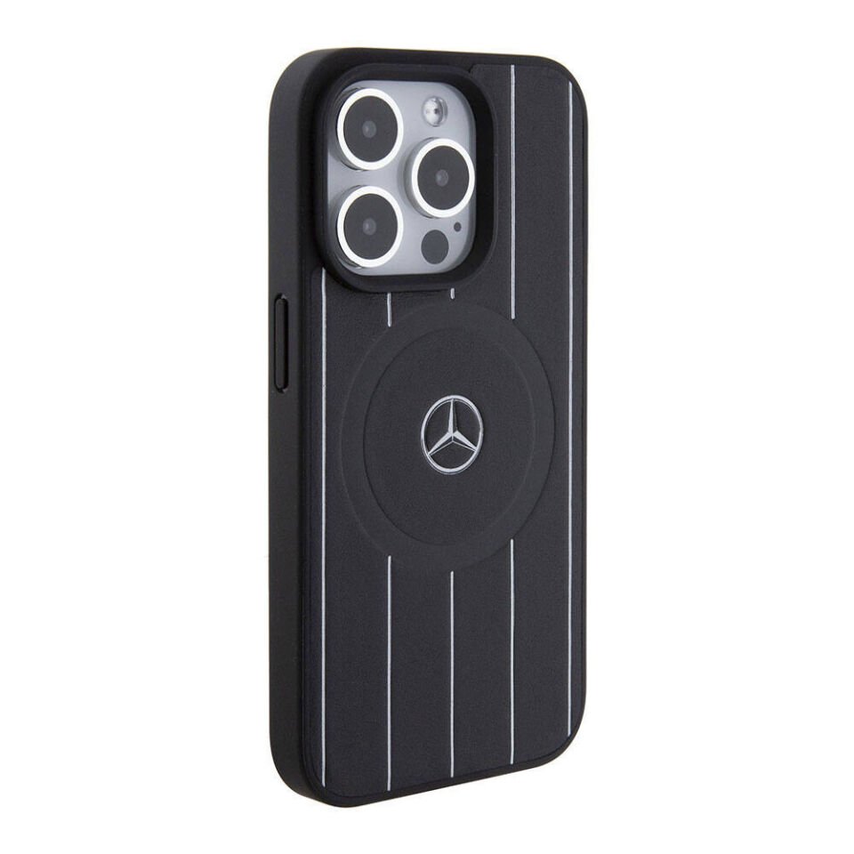 Apple iPhone 15 Pro Kılıf Mercedes Benz Orjinal Lisanslı Magsafe Şarj Özellikli Baskı Logolu Paralel Çizgi Desenli Deri Kapak