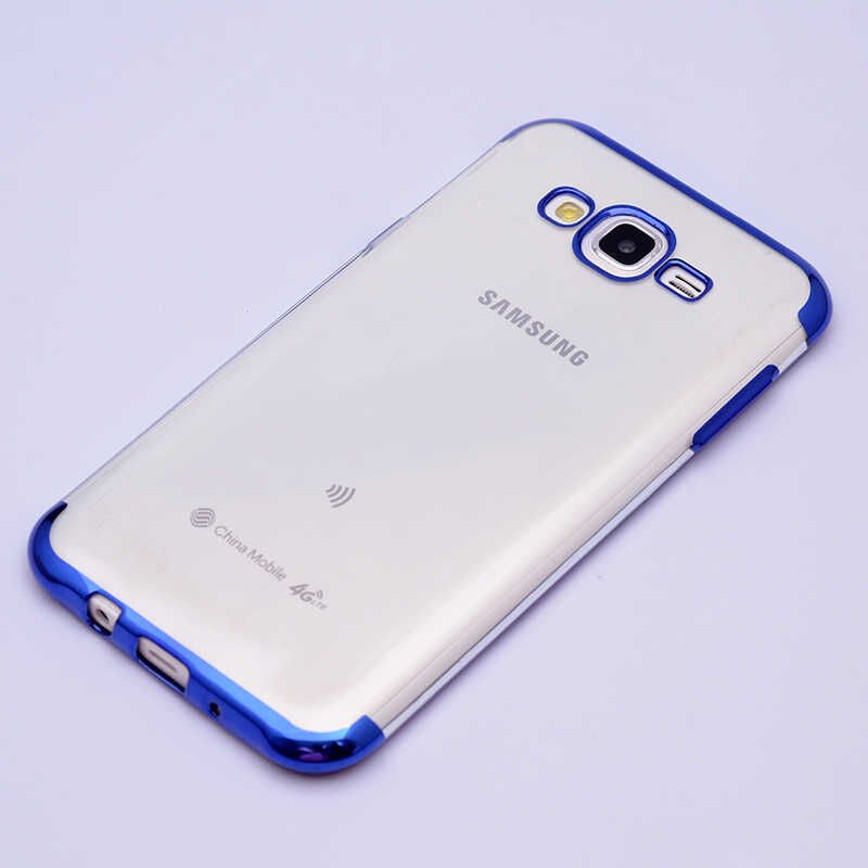 Samsung Galaxy J7 Core Kılıf Dört Köşe Renkli Lazer Şeffaf Silikon Kapak (GLİTTER) Mavi