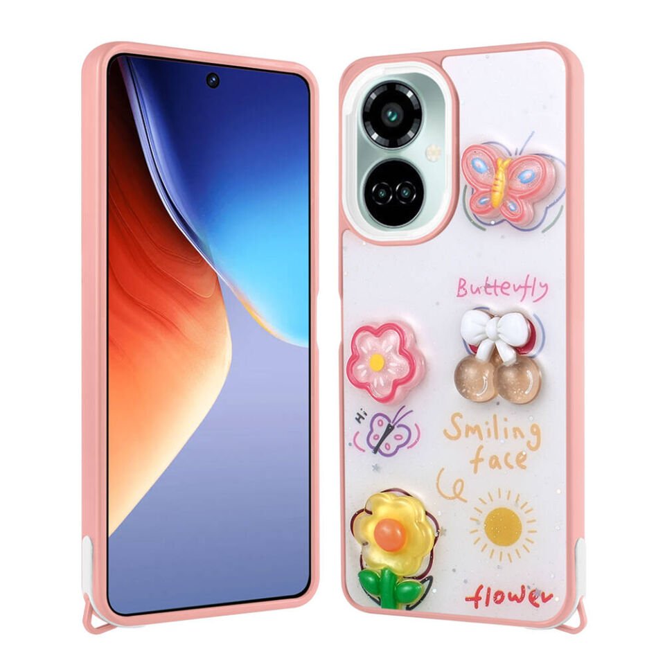 Tecno Camon 19 Pro Kılıf Parlayan Sıvılı Simli Kabartma Figürlü Kapak (Cevze) Pembe