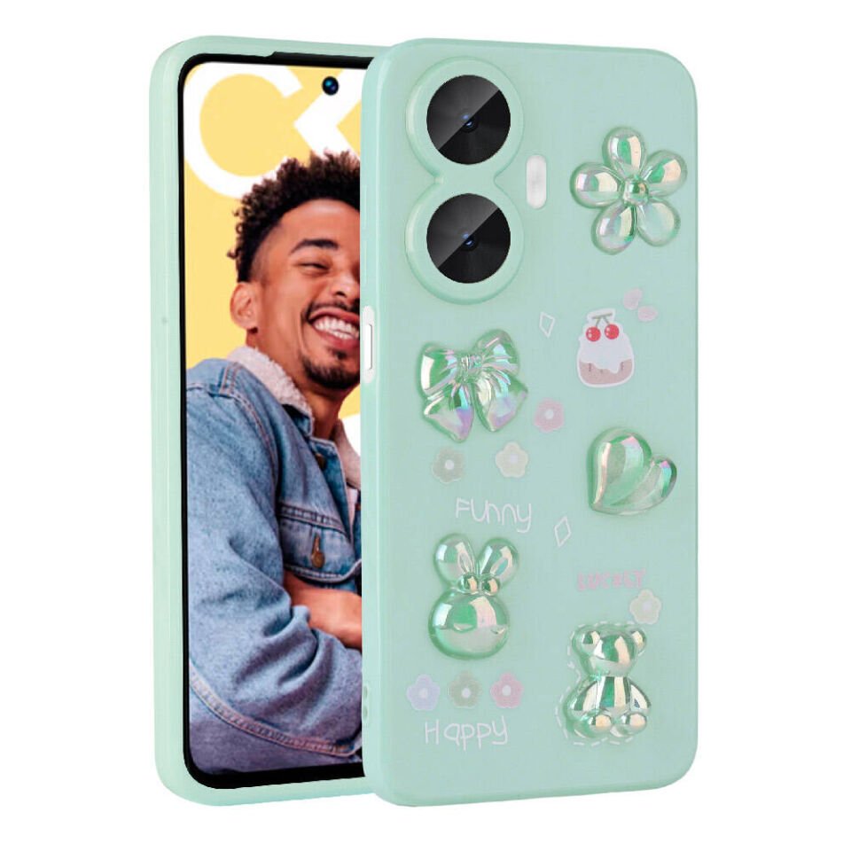 Realme C55 Kılıf Kamera Korumalı Kabartma Figürlü Parlak Silikon Kapak (Toys) Açık Yeşil