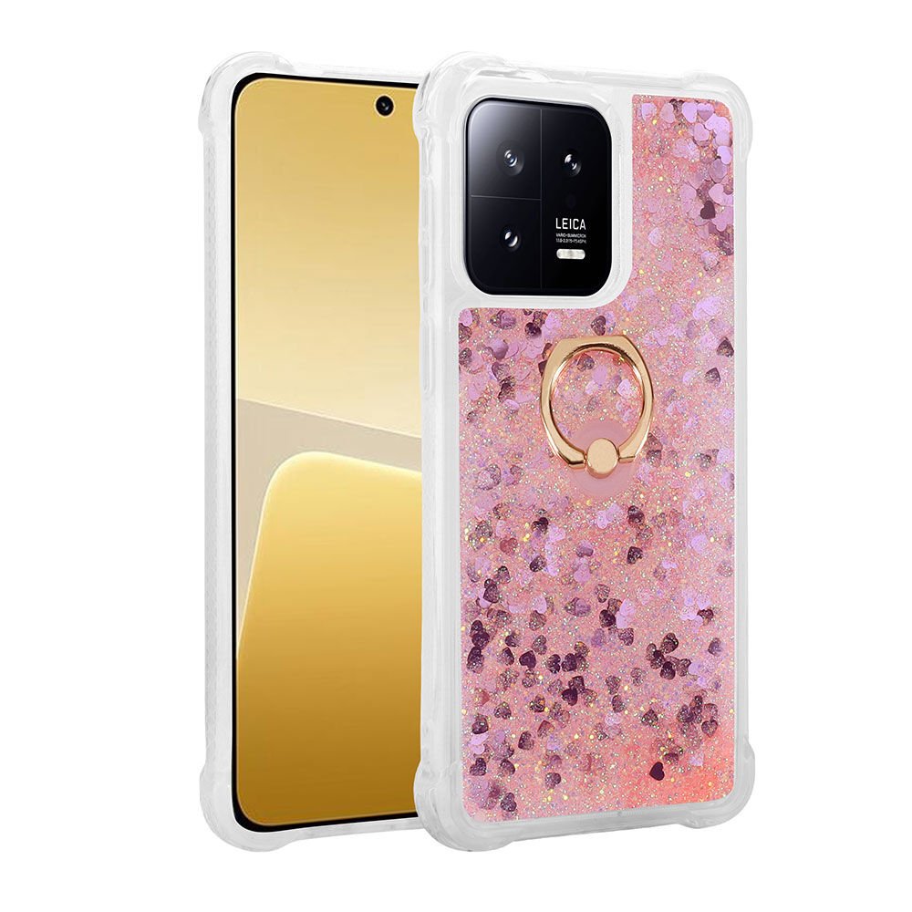 Xiaomi Mi 13 Pro Kılıf Sıvılı Akışkanlı Desenli Simli Yüzüklü Silikon Kapak (MİLCE) Pembe