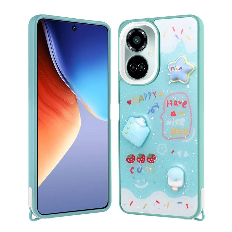 Tecno Camon 19 Pro Kılıf Parlayan Sıvılı Simli Kabartma Figürlü Kapak (Cevze) Yeşil