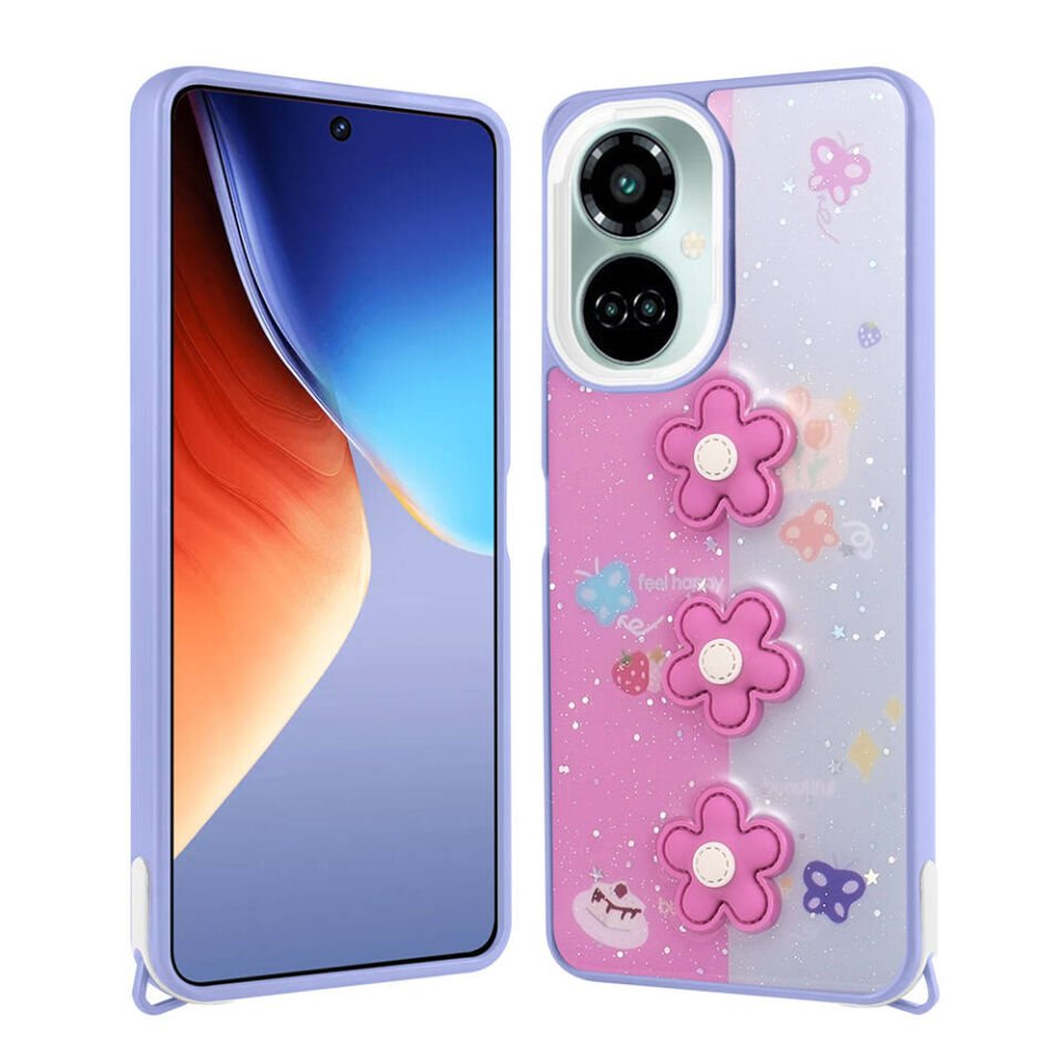 Tecno Camon 19 Pro Kılıf Parlayan Sıvılı Simli Kabartma Figürlü Kapak (Cevze) Mor Papatya