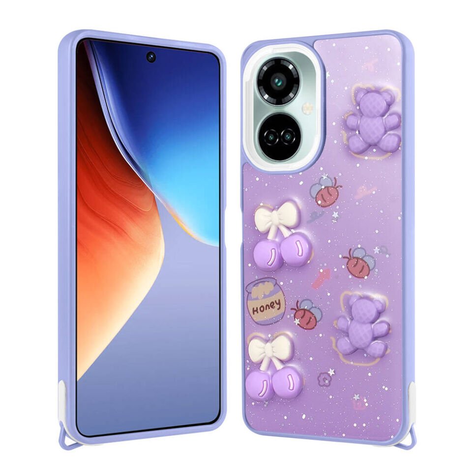 Tecno Camon 19 Pro Kılıf Parlayan Sıvılı Simli Kabartma Figürlü Kapak (Cevze) Mor Ayı