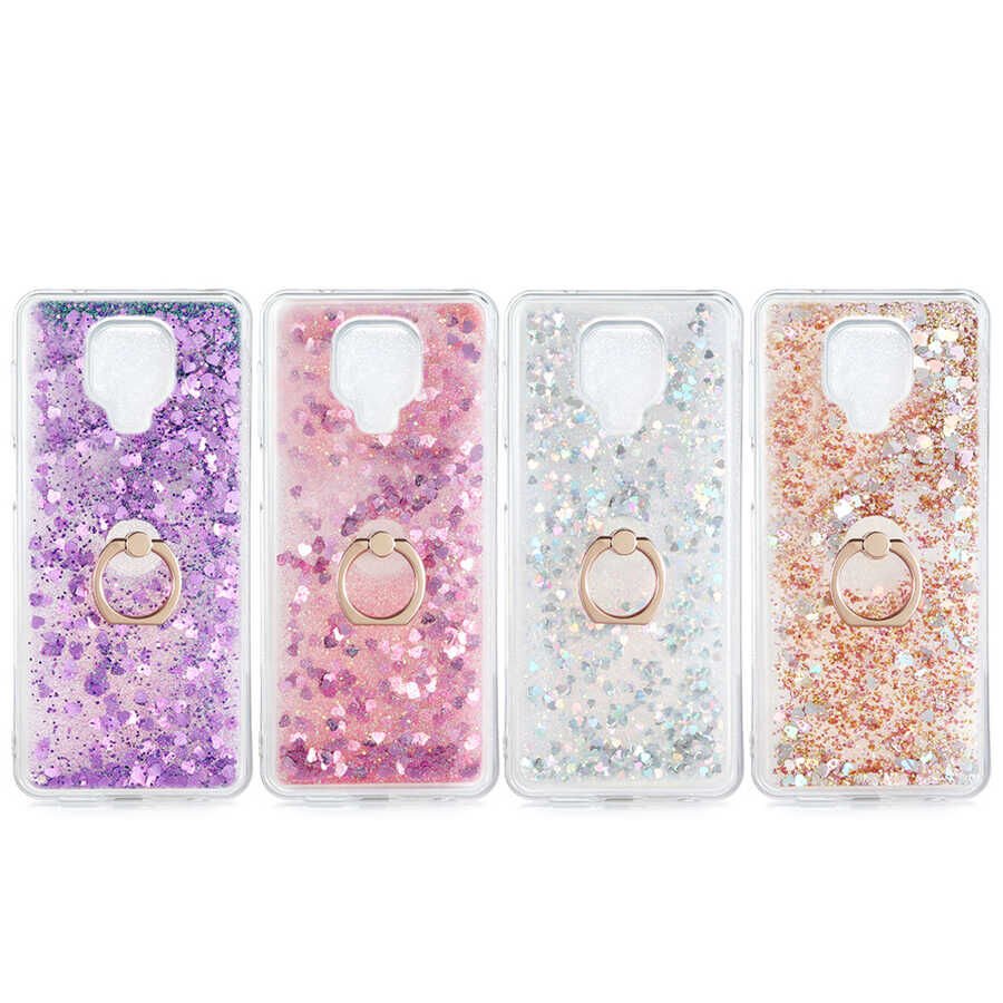 Xiaomi Redmi Note 9 Pro Kılıf Sıvılı Akışkanlı Desenli Simli Yüzüklü Silikon Kapak (MİLCE) Pembe