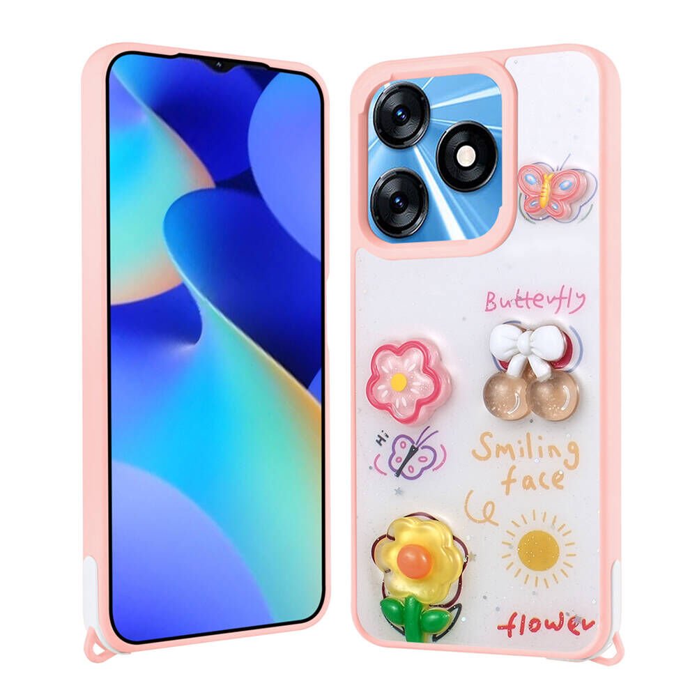 Tecno Spark 10C Kılıf Parlayan Sıvılı Simli Kabartma Figürlü Kapak (Cevze) Pembe