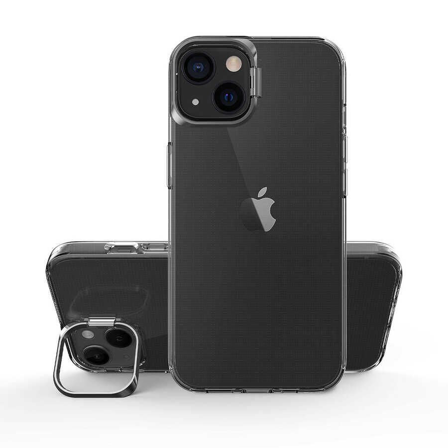 Apple  iPhone 14 Plus Kılıf Standlı Köşe ve Kamera Korumalı Sert Sararmaz Şeffaf Kapak (Skuba) Siyah