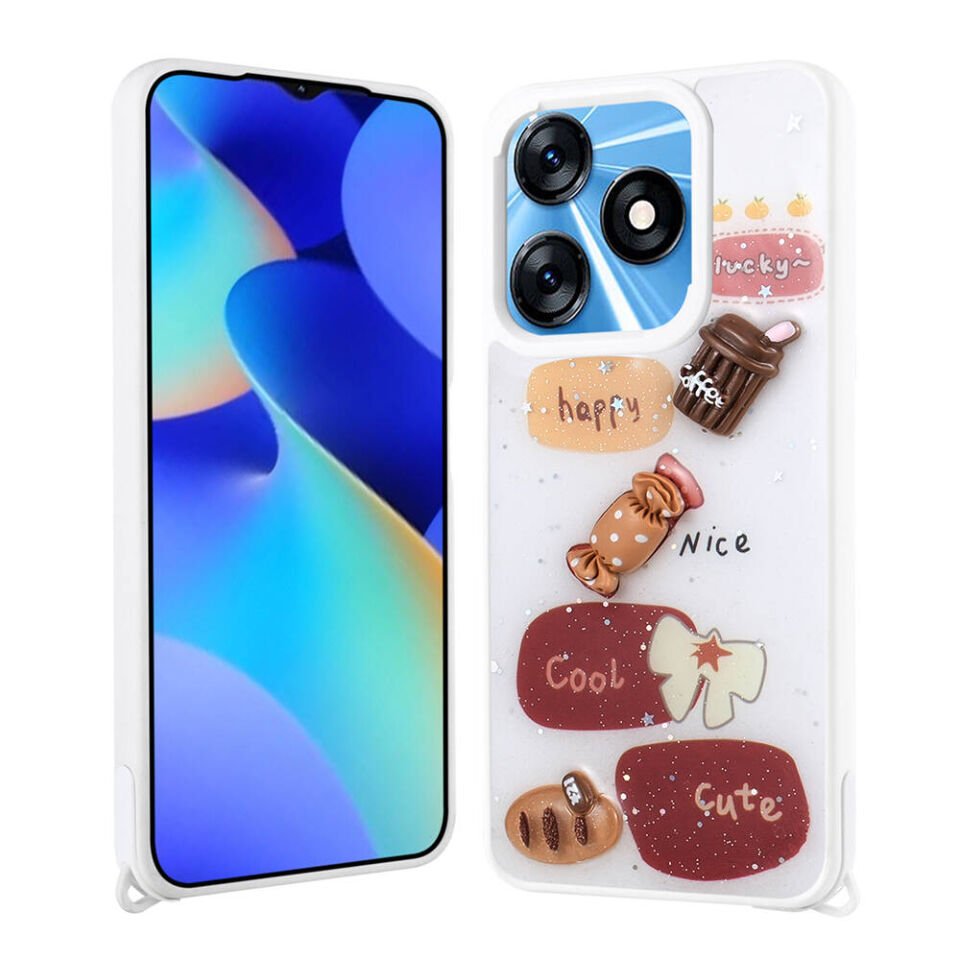 Tecno Spark 10C Kılıf Parlayan Sıvılı Simli Kabartma Figürlü Kapak (Cevze) Beyaz