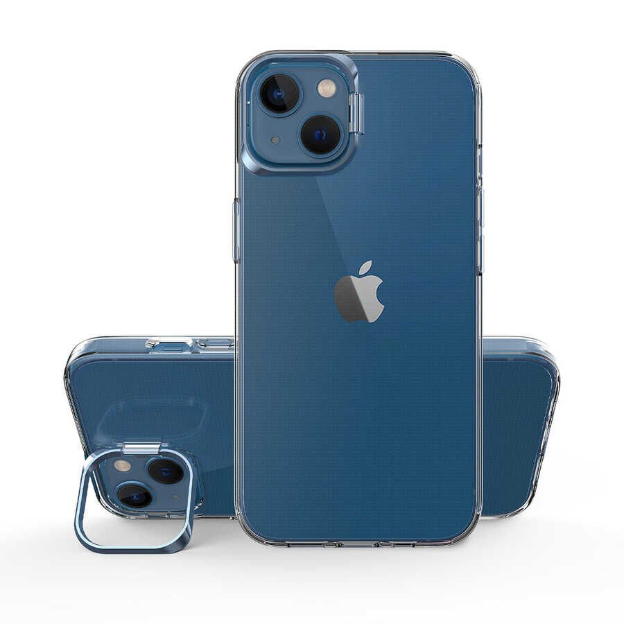 Apple  iPhone 14 Plus Kılıf Standlı Köşe ve Kamera Korumalı Sert Sararmaz Şeffaf Kapak (Skuba) Mavi