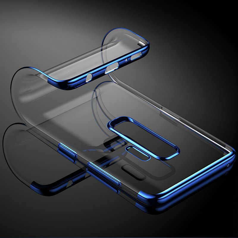 Samsung Galaxy J8 Kılıf Dört Köşe Renkli Lazer Şeffaf Silikon Kapak (GLİTTER) Mavi