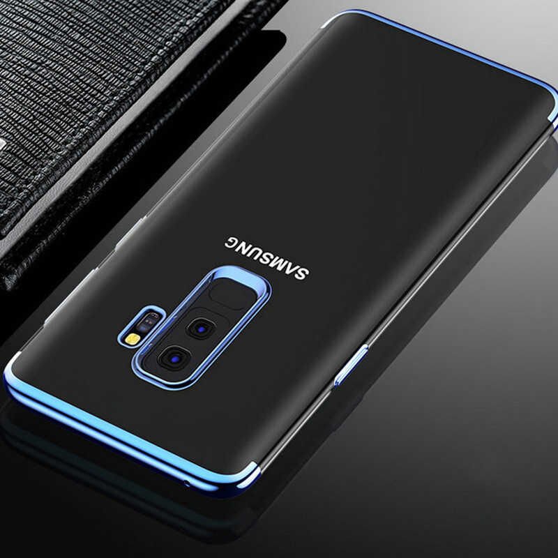 Samsung Galaxy J8 Kılıf Dört Köşe Renkli Lazer Şeffaf Silikon Kapak (GLİTTER) Mavi