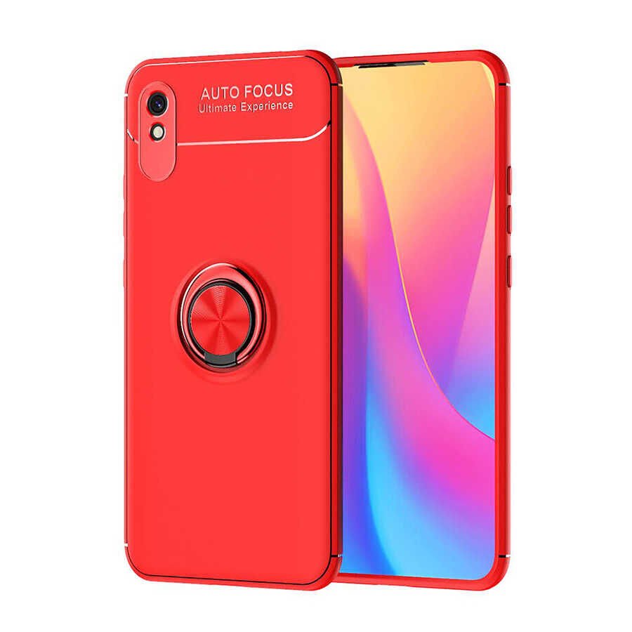 Xiaomi Redmi 9A Kılıf Kamera Çıkıntılı Renkli Yüzüklü Standlı Mıknatıslı Kapak (RAVEL) Siyah-Rose Gold