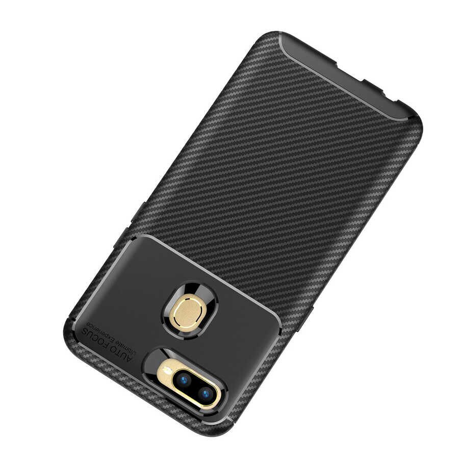 Oppo A7X Kılıf Kamera Çıkıntılı Karbon Fiber Dokulu Renk Atmaz Kapak (NEGRO) Kahverengi
