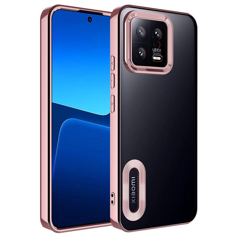 Xiaomi Mi 13 Kılıf Kamera Lens Korumalı Logo Gösteren Parlak Kenarlı Kapak (OMEGA) Rose Gold