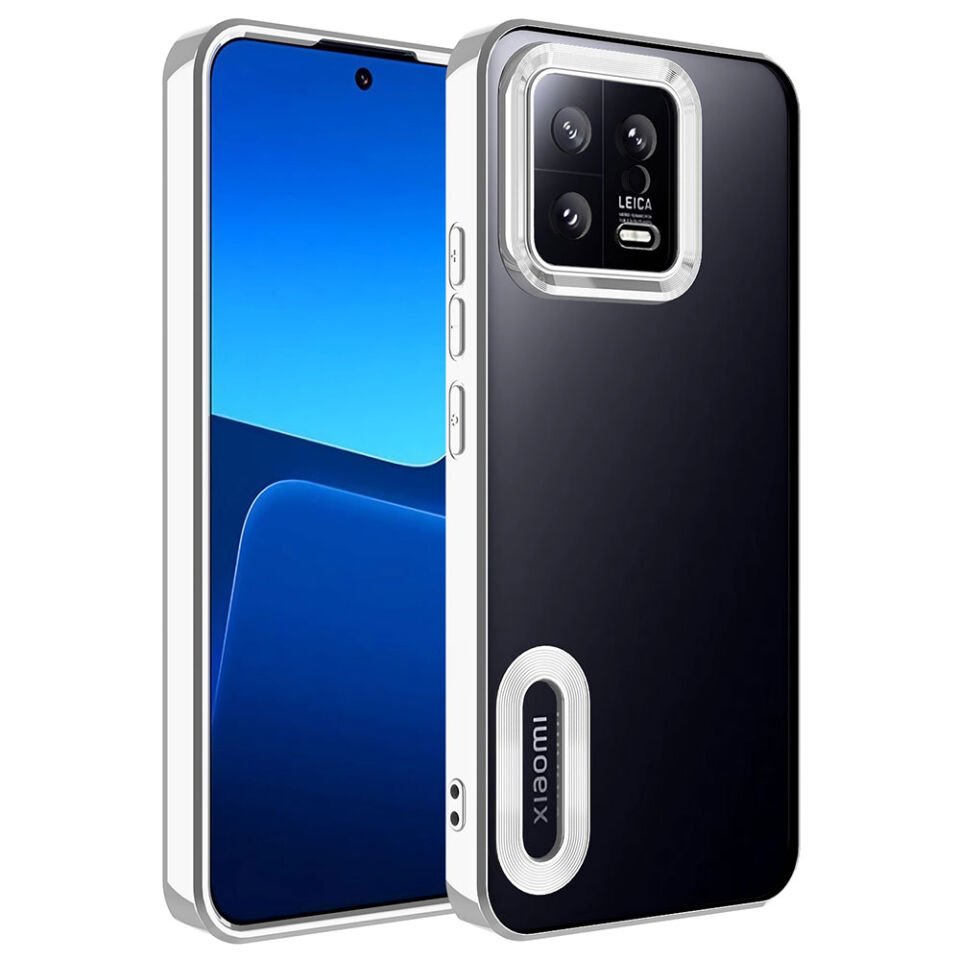 Xiaomi Mi 13 Kılıf Kamera Lens Korumalı Logo Gösteren Parlak Kenarlı Kapak (OMEGA) Gümüş